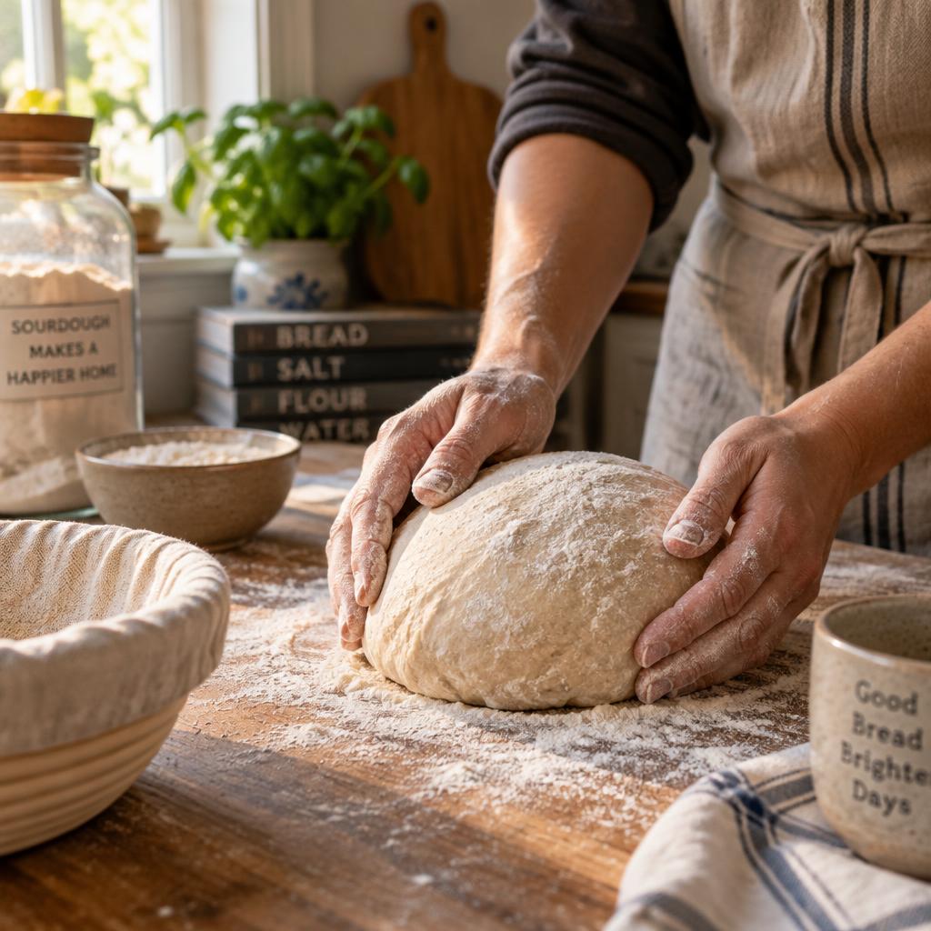 Flour-dusted hands shaping sourdough dough on a wooden kitchen counter