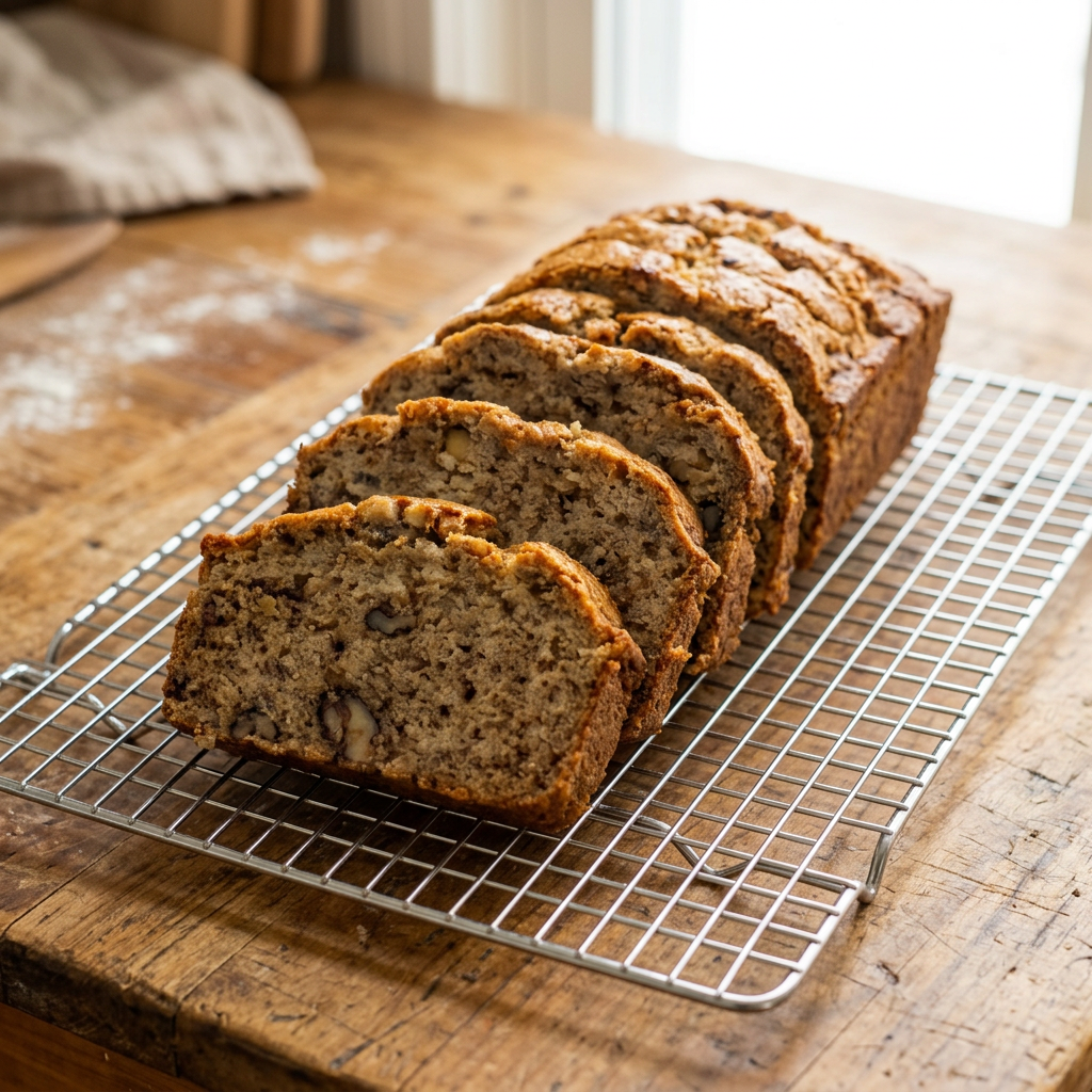 Sliced homemade sourdough banana nut bread with walnuts