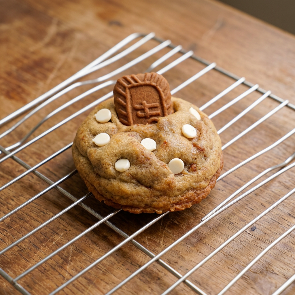 Homemade sourdough Biscoff cookie with white chips and a Biscoff biscuit