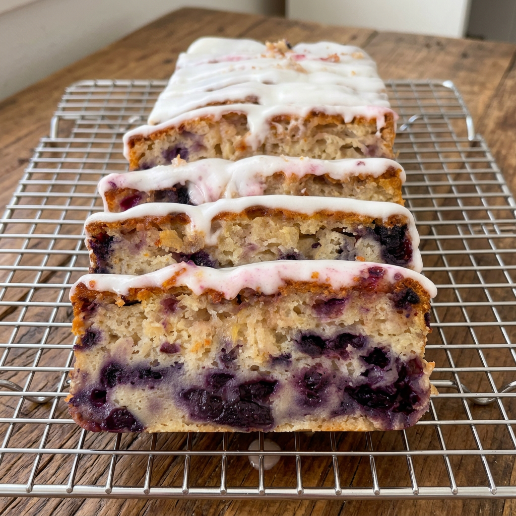 Sliced homemade blueberry lemon sourdough bread with white glaze