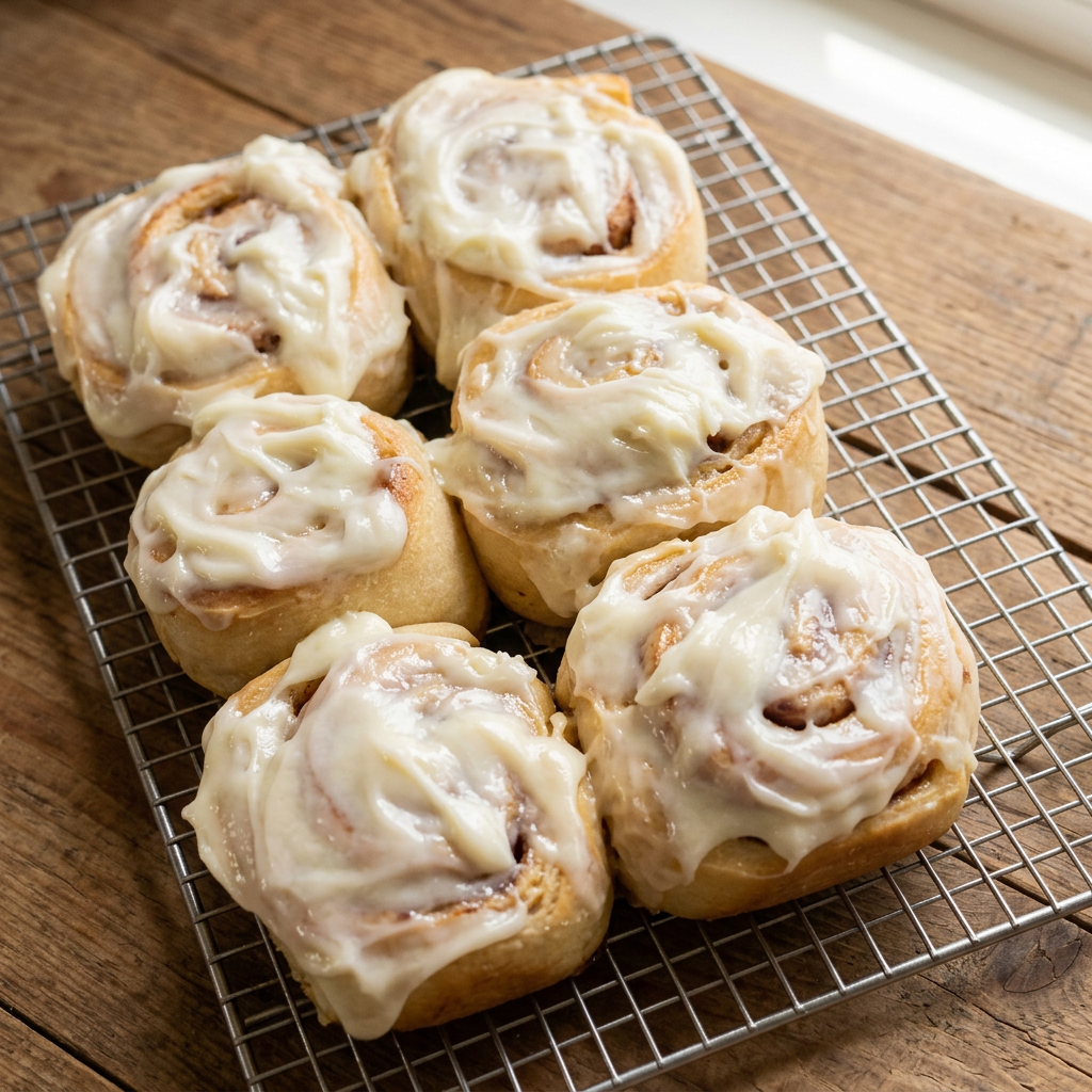 Freshly baked sourdough cinnamon rolls with marshmallow icing on a silver cooling rack