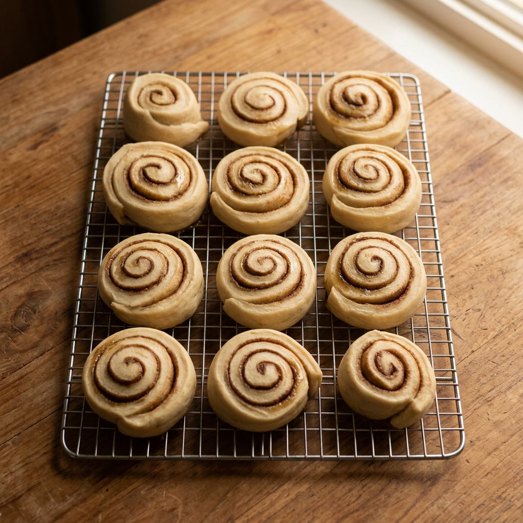 Hand-shaped sourdough cinnamon rolls before baking on a silver cooling rack