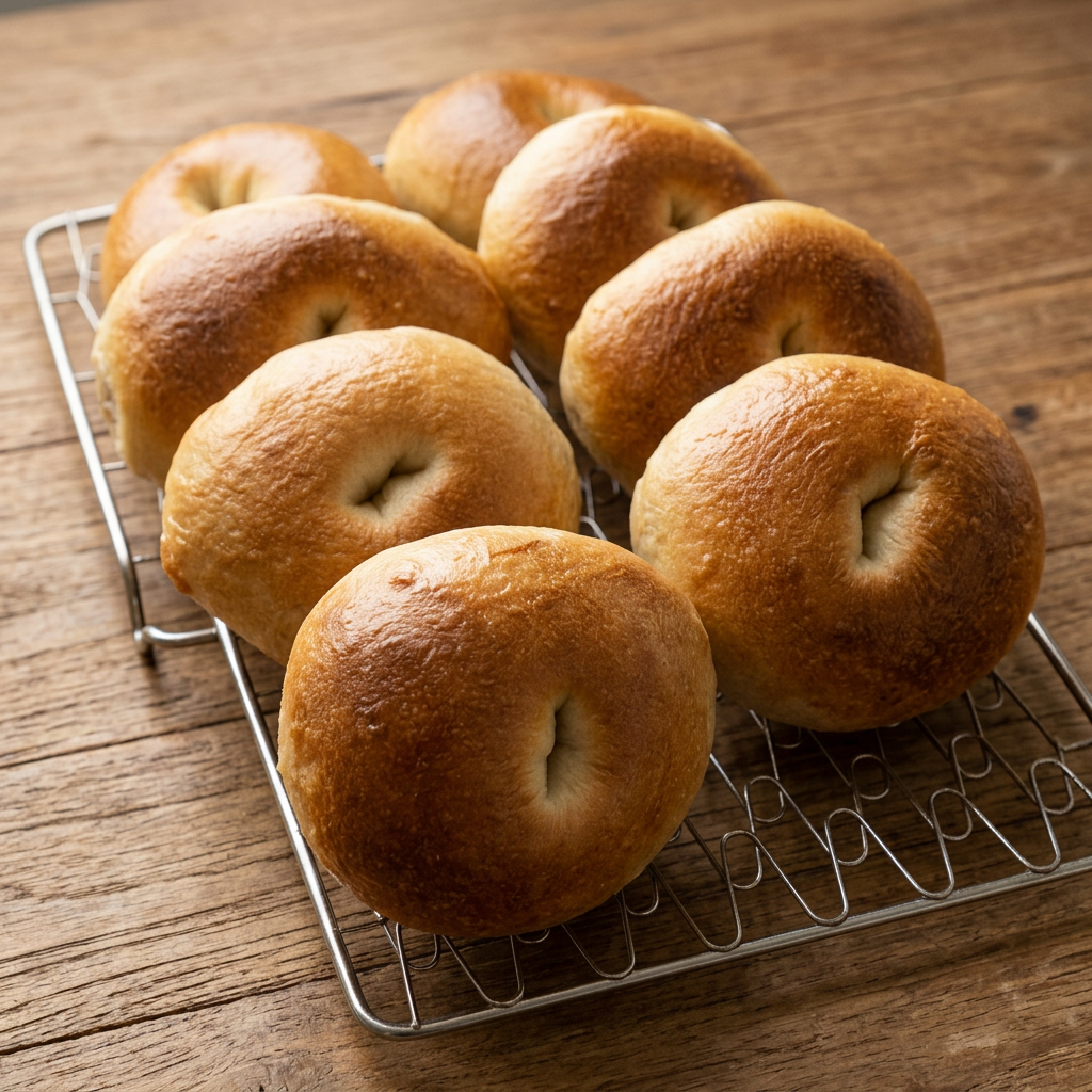 Homemade plain sourdough bagels cooling on a silver rack