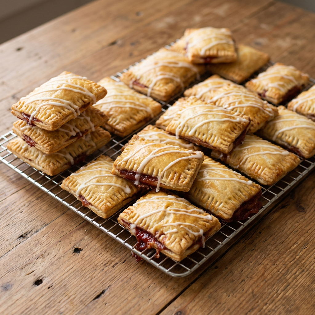Homemade fruit-filled pop tarts with a light sugar icing on a silver cooling rack