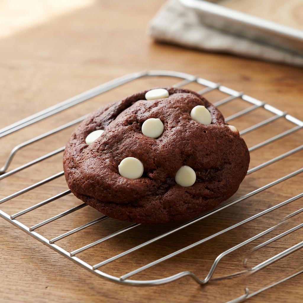 Homemade red velvet sourdough cookie with white chocolate chips