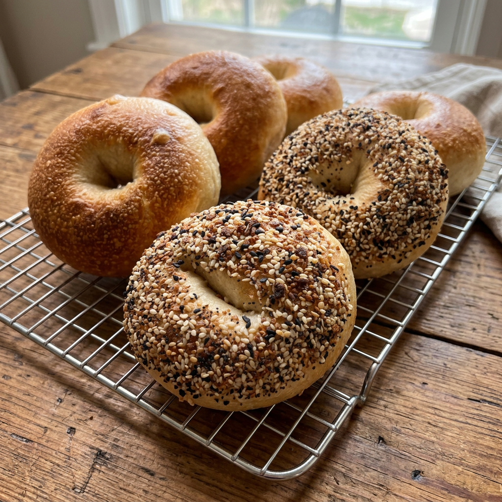 Homemade specialty sourdough bagels cooling on a silver rack